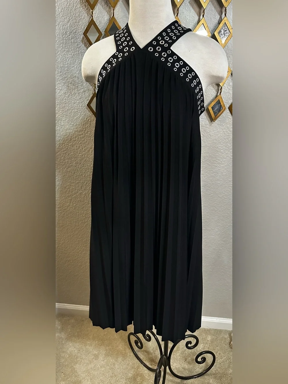 Michael Kors Bllack Stud-Detail Halter Pleated Dress